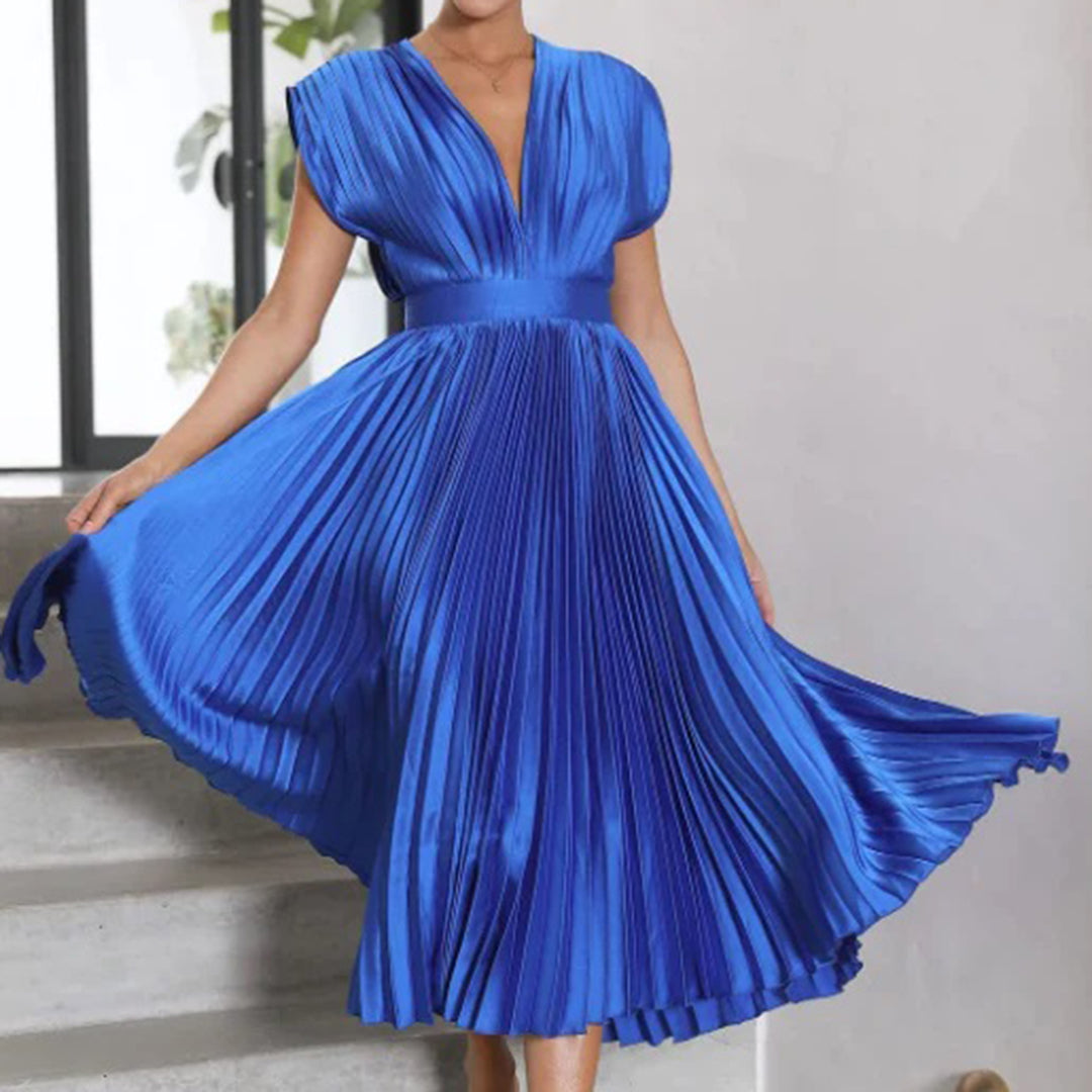Satin Pleated Flare Midi Dress with Cap Sleeves