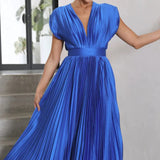 Satin Pleated Flare Midi Dress with Cap Sleeves