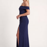 Off-Shoulder Maxi Dress with Ruched Waist and Thigh Slit