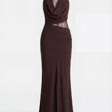 Lace Halter Maxi Dress with Cowl Neck and Cut-Out Waist