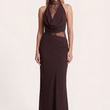 Lace Halter Maxi Dress with Cowl Neck and Cut-Out Waist