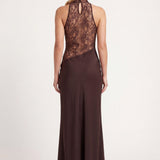 Lace Halter Maxi Dress with Cowl Neck and Cut-Out Waist