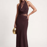 Lace Halter Maxi Dress with Cowl Neck and Cut-Out Waist