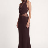 Lace Halter Maxi Dress with Cowl Neck and Cut-Out Waist