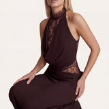 Lace Halter Maxi Dress with Cowl Neck and Cut-Out Waist