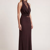 Lace Halter Maxi Dress with Cowl Neck and Cut-Out Waist