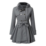 Belted Double-Breasted Coat with Faux Fur Collar