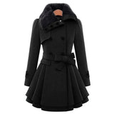 Belted Double-Breasted Coat with Faux Fur Collar