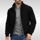 Ribbed Knit Zip-Up Cardigan with Stand Collar