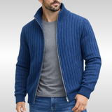 Ribbed Knit Zip-Up Cardigan with Stand Collar