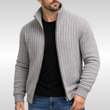 Ribbed Knit Zip-Up Cardigan with Stand Collar