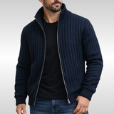 Ribbed Knit Zip-Up Cardigan with Stand Collar