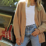 Oversized Ribbed Knit Cardigan with V-Neck and Button Front