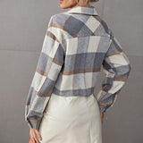 Plaid Cropped Shirt Jacket with Flap Pockets