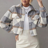 Plaid Cropped Shirt Jacket with Flap Pockets