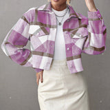 Plaid Cropped Shirt Jacket with Flap Pockets