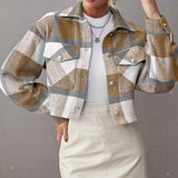 Plaid Cropped Shirt Jacket with Flap Pockets
