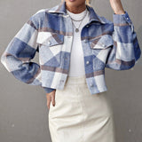 Plaid Cropped Shirt Jacket with Flap Pockets