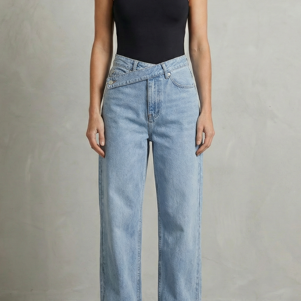 Straight-Leg Jeans with Asymmetric Button Waist