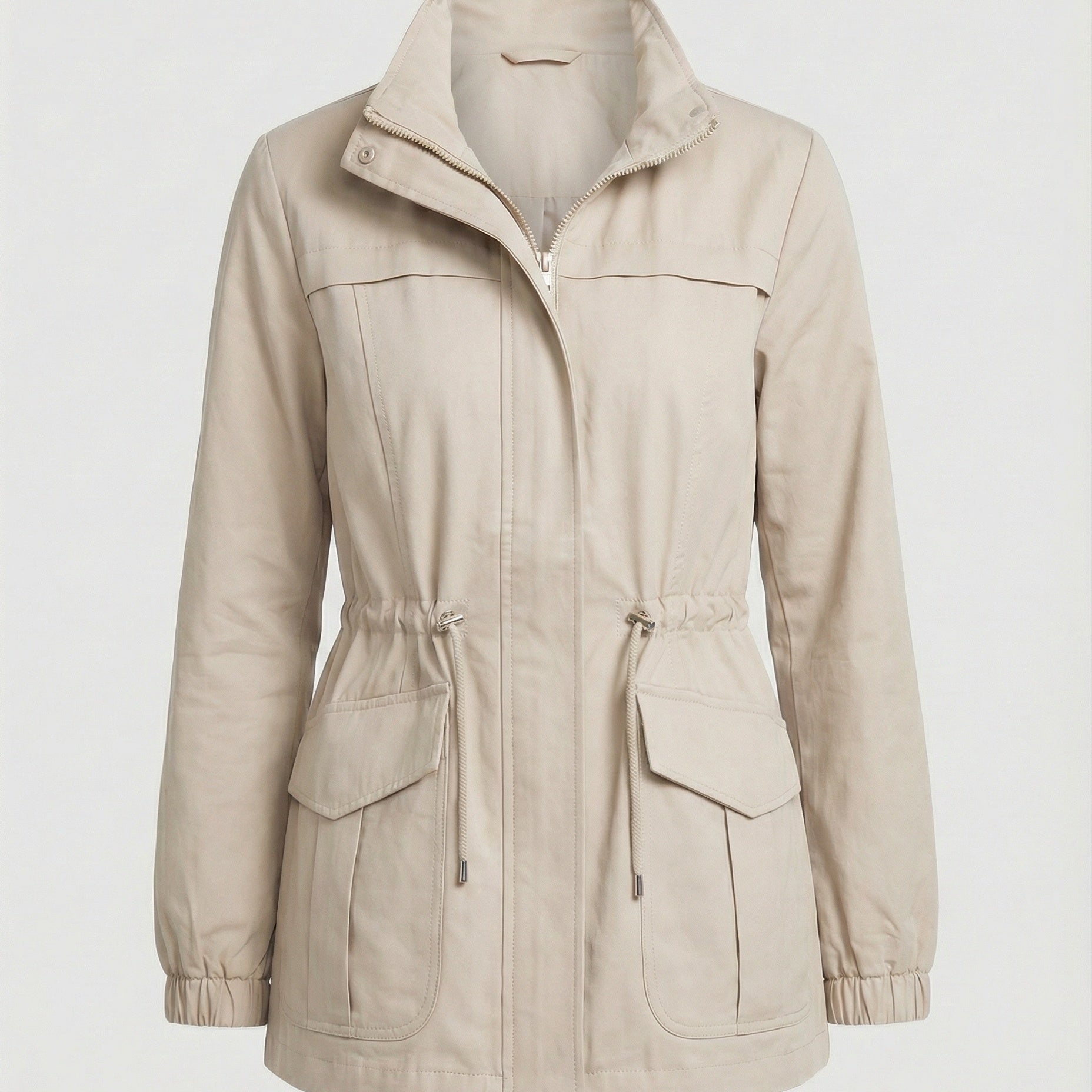 Women's Utility Jacket with Drawstring Waist Zip Front and Flap Pockets