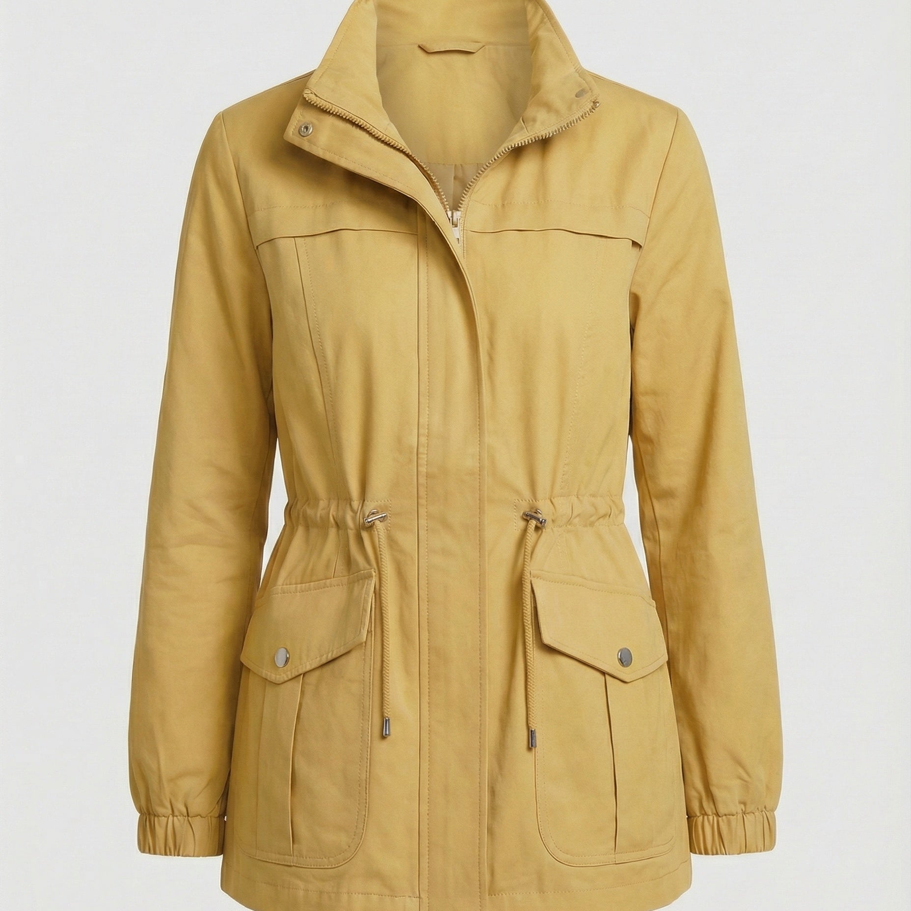 Women's Utility Jacket with Drawstring Waist Zip Front and Flap Pockets