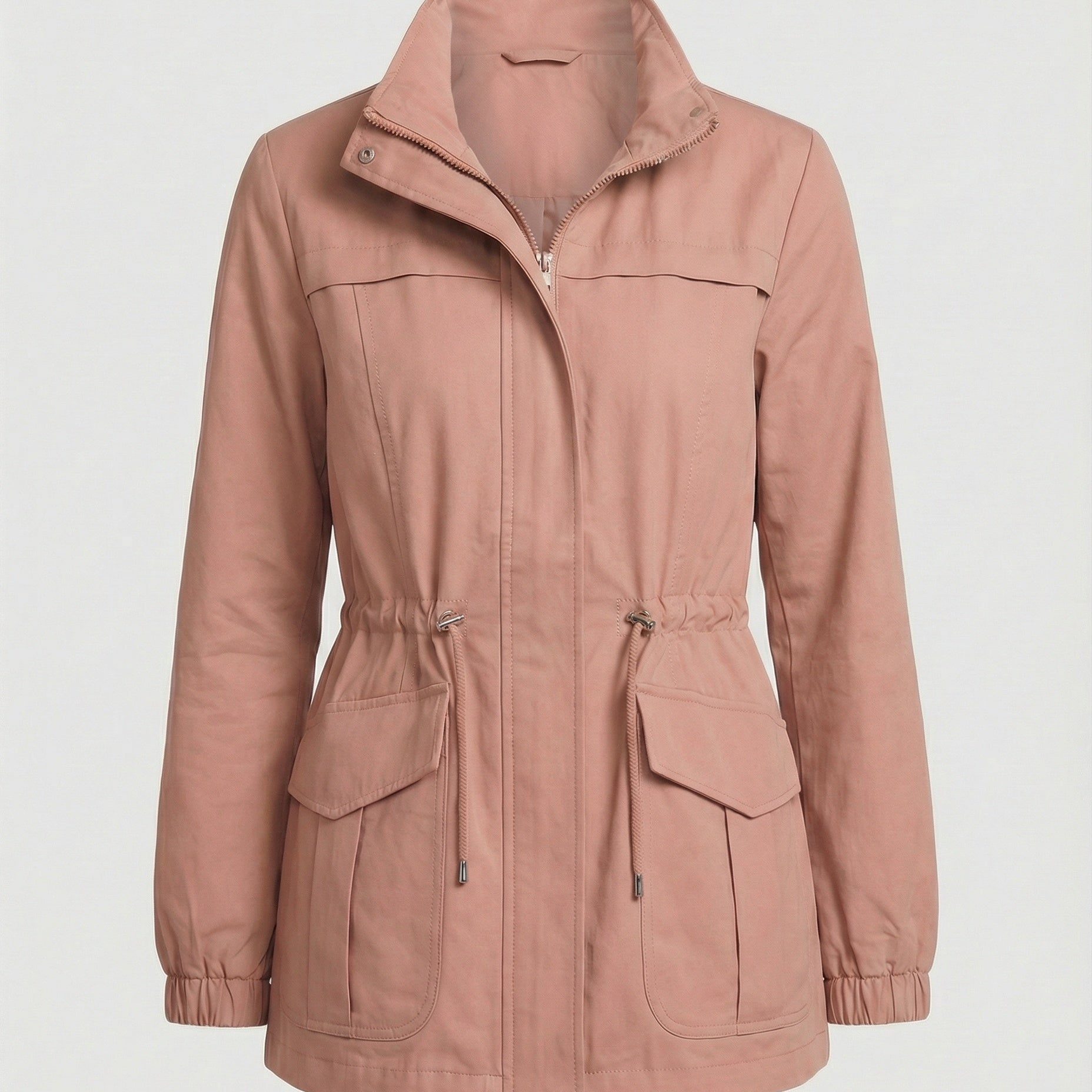 Women's Utility Jacket with Drawstring Waist Zip Front and Flap Pockets