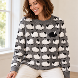 Knit Sweater for Women – Sheep Pattern Crew Neck Pullover with Textured Design