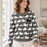 Knit Sweater for Women – Sheep Pattern Crew Neck Pullover with Textured Design
