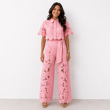 Floral Lace Two-Piece Set with Wide-Leg Pants and Tie Waist