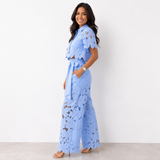 Floral Lace Two-Piece Set with Wide-Leg Pants and Tie Waist