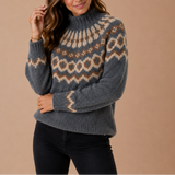 Mock Neck Fair Isle Sweater with Ribbed Trim
