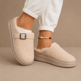 Fleece-Lined Slippers with Buckle Strap and Platform Sole