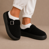 Fleece-Lined Slippers with Buckle Strap and Platform Sole