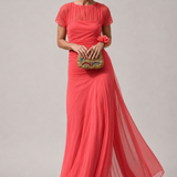 Ruched Maxi Dress with Sheer Sleeves and Flared Skirt