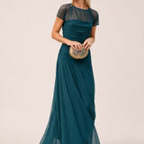 Ruched Maxi Dress with Sheer Sleeves and Flared Skirt