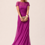 Ruched Maxi Dress with Sheer Sleeves and Flared Skirt
