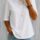 Round Neck Top with Half Sleeves and Curved Hem