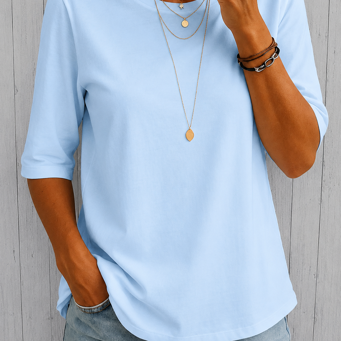Round Neck Top with Half Sleeves and Curved Hem
