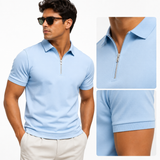 Quarter Zip Polo Shirt with Short Sleeves and Slim Fit