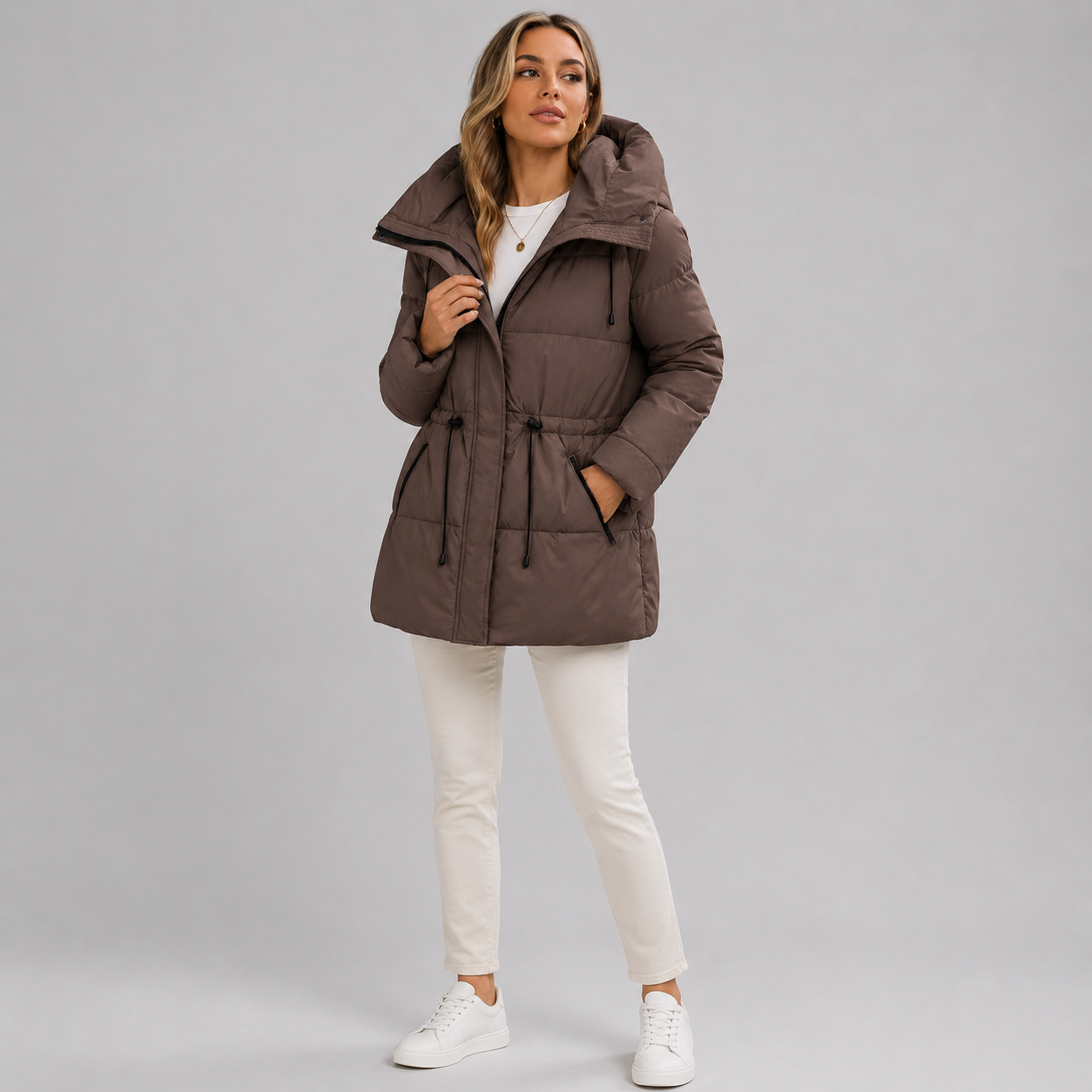 Quilted Hooded Parka Jacket with Drawstring Waist