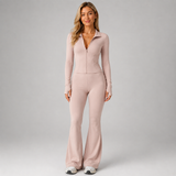 Zip Front Fitted Top and Flared Trousers Set