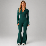 Zip Front Fitted Top and Flared Trousers Set