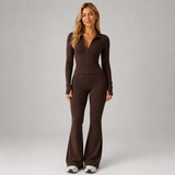 Zip Front Fitted Top and Flared Trousers Set