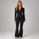 Zip Front Fitted Top and Flared Trousers Set