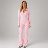 Zip Front Fitted Top and Flared Trousers Set