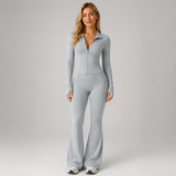 Zip Front Fitted Top and Flared Trousers Set