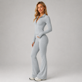 Zip Front Fitted Top and Flared Trousers Set