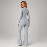 Zip Front Fitted Top and Flared Trousers Set