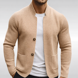 Single-Breasted Knit Cardigan with Stand Collar and Patch Pockets