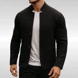 Single-Breasted Knit Cardigan with Stand Collar and Patch Pockets